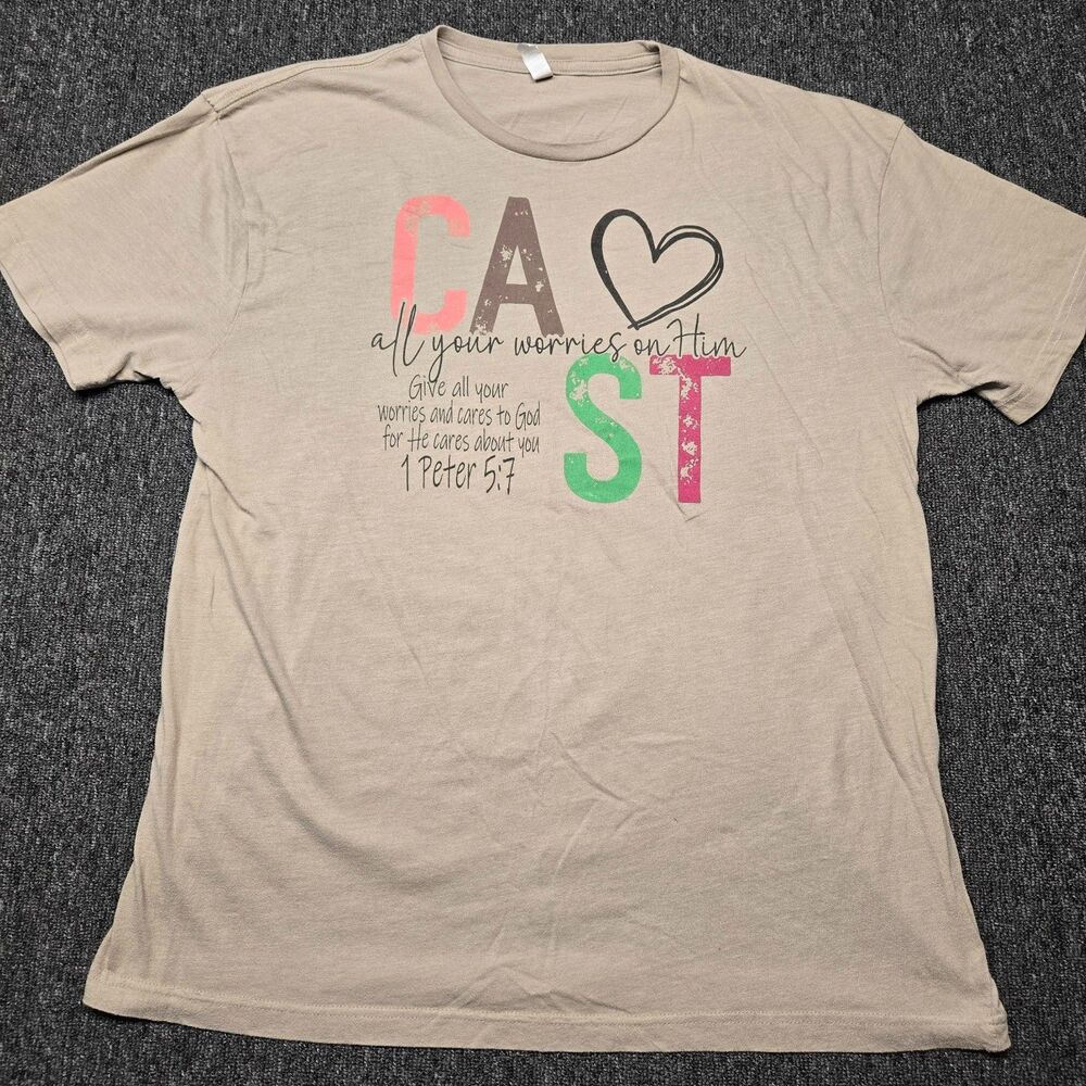 Love In Faith Women’s XL T‑Shirt Beige CAST 1 Peter 5:7 Christian Graphic Tee